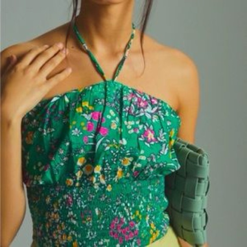 Anthropologie Green Floral Crop Top